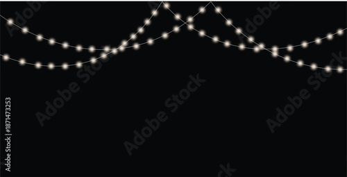 Christmas lights isolated. Glowing garlands on transparent dark background. Realistic luminous elements. Bright light bulbs for poster, card, brochure or web. Vector illustration