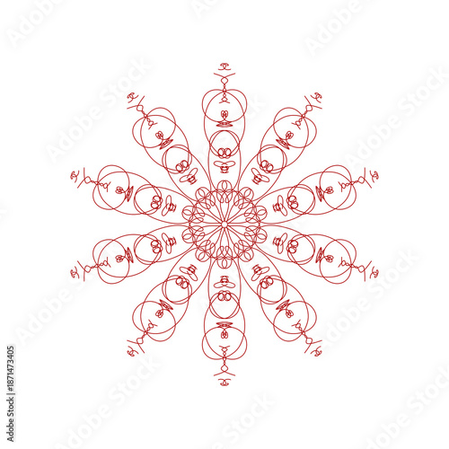 Intricate red ornamental pattern in close-up view, isolated on white background. Detailed decorative design with floral and heart-shaped elements forming an abstract artistic texture. Elegant romantic