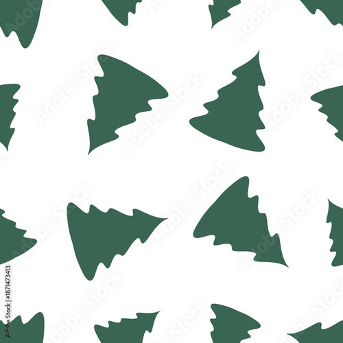 Minimalist green Christmas tree pattern on white isolated background. Simple holiday ornament design with repeating fir tree shapes. Festive winter decoration texture suitable for greeting cards, wrap