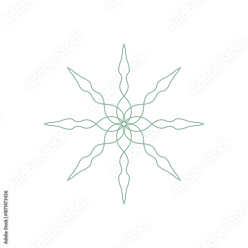 Green decorative floral ornament isolated on white background. Abstract minimalist flower-inspired design with organic shapes and symmetrical structure. Modern natural element suitable for logo design