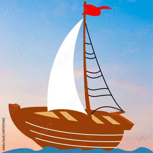 Minimalist Sailboat Illustration on Calm Sea with Blue Sky Background