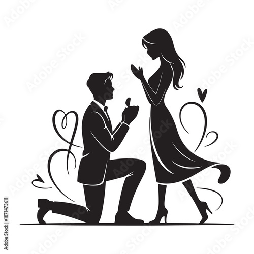 Romantic Marriage Proposal Silhouette Couple with Ring Vector Illustration