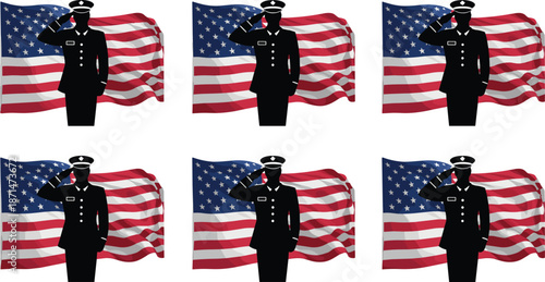 American soldier saluting with USA flag patriotic military vector set of army officer honoring nation isolated illustration background