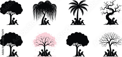 People reading books under trees silhouette set peaceful outdoor study illustration for education leisure nature concept isolated design