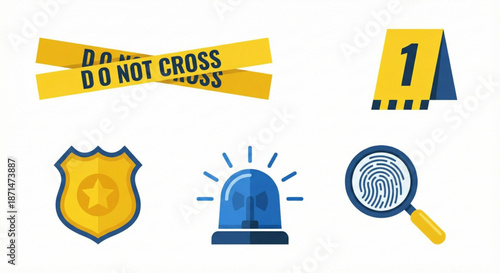 Collection of Crime Scene Icons Badge, Fingerprint, Yellow Tape, and Police Light