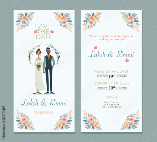 Traditional Royal Wedding Invitation card design with Bride and Groom Welcoming illustration	