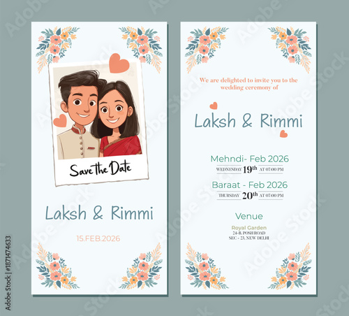 Traditional Royal Wedding Invitation card design with Bride and Groom Welcoming illustration	