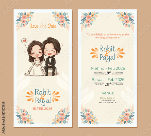 Traditional Royal Wedding Invitation card design with Bride and Groom Welcoming illustration	