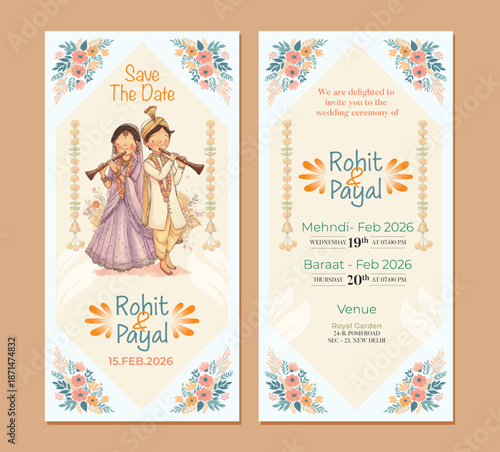 Traditional Royal Wedding Invitation card design with Bride and Groom Welcoming illustration	