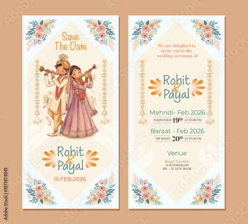 Traditional Royal Wedding Invitation card design with Bride and Groom Welcoming illustration	