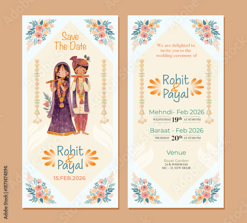 Traditional Royal Wedding Invitation card design with Bride and Groom Welcoming illustration	