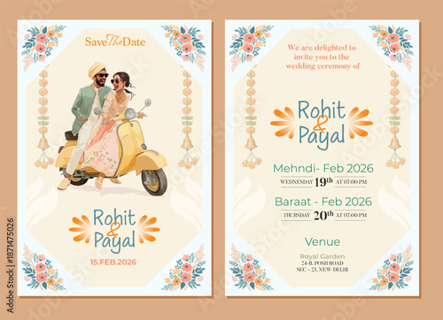 Traditional Royal Wedding Invitation card design with Bride and Groom Welcoming illustration	