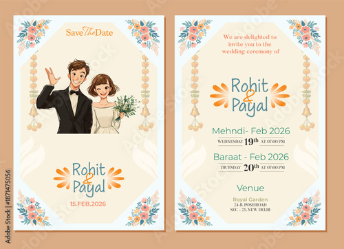 Traditional Royal Wedding Invitation card design with Bride and Groom Welcoming illustration	