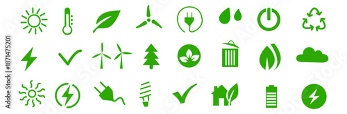 Green grass icon set representing eco friendly nature and environmental sustainability