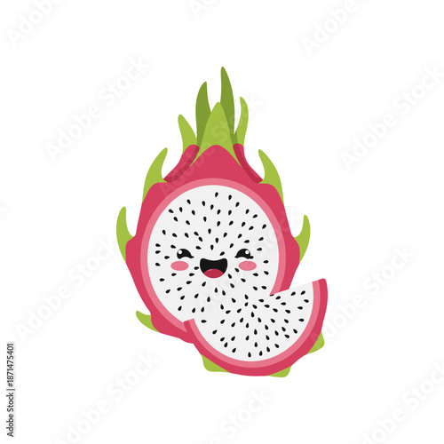 A cheerful cartoon dragon fruit slice with a happy face, surrounded by vibrant green leaves
