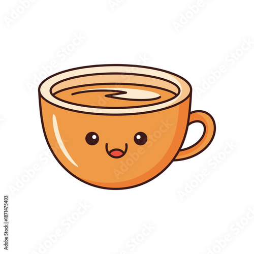 A cheerful cartoon coffee cup with a smiling face, set against a plain background, ideal for food-related content