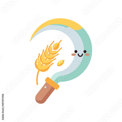 A cheerful cartoon scythe with wheat, symbolizing harvest and agriculture, set on a plain background