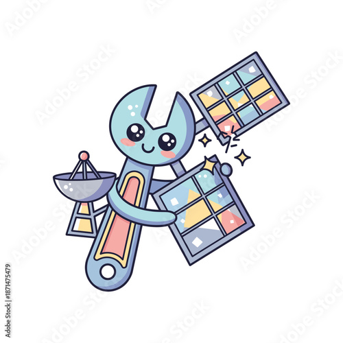 A cheerful cartoon wrench character holding colorful tiles and a scale, symbolizing repair and design