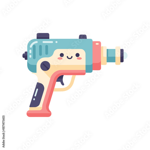 A colorful cartoon ray gun with a smiling face, set against a plain background, ideal for playful designs