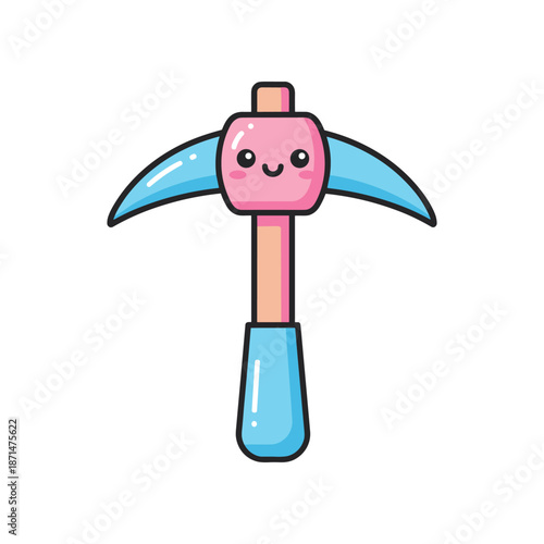 A cute cartoon pickaxe with a smiling face, set against a simple white background, ideal for playful designs