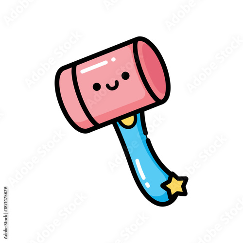 A cute, cartoon-style mallet with a smiling face and colorful handle, set against a simple background
