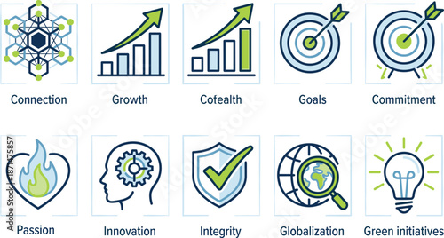Organizational values icons grid, connection growth cofealth goals commitment passion innovation integrity globalization green initiatives illustration.