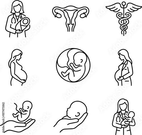 Pregnancy icons, maternal care, childbirth, fetus development, healthcare professionals, newborn support, reproductive system, flat vector illustration
