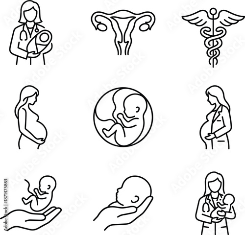Pregnancy and neonatal healthcare icons grid, maternal care fetus childbirth doctor baby medicine illustration, medical concept, flat vector artwork