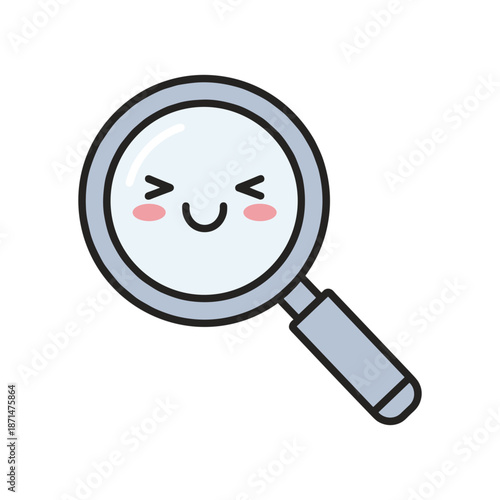 Cartoon magnifying glass with a smiling face, set against a clean white background, ideal for playful content