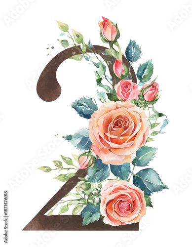 Watercolor wooden numbers decorated with flowers roses set 1,2,3,4,5,6,7,8,9 on white isolated background. Birthday. Romantic elements for the holiday