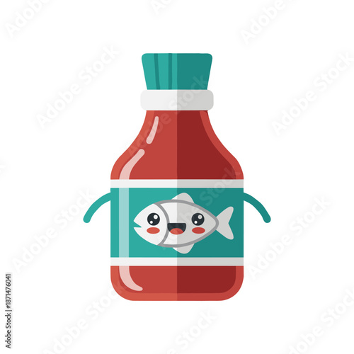Cartoon-style ketchup bottle with fish illustration, smiling face, and colorful background