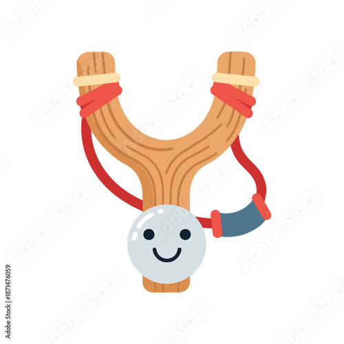 Cartoon-style slingshot with a smiling ball, set against a simple white background, ideal for playful designs