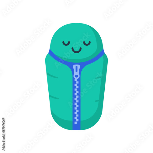 Cartoon-style sleeping bag character with a happy expression, isolated on a white background