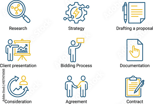 Business workflow icons, project planning, research, strategy, proposal, presentation, bidding, agreement, contract, flat vector illustration