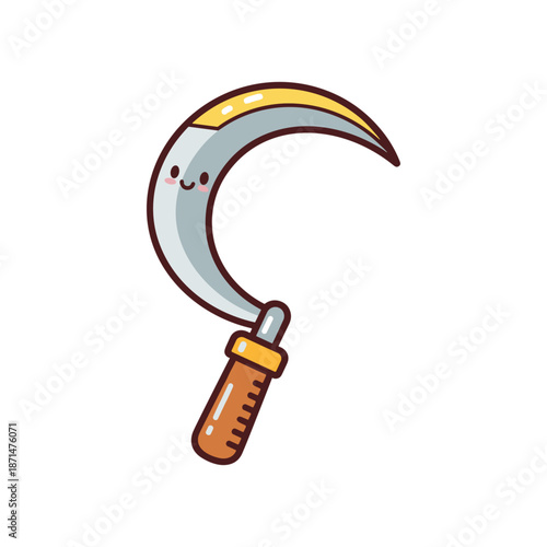 Cartoon-style smiling sickle with a shiny blade and wooden handle against a white background