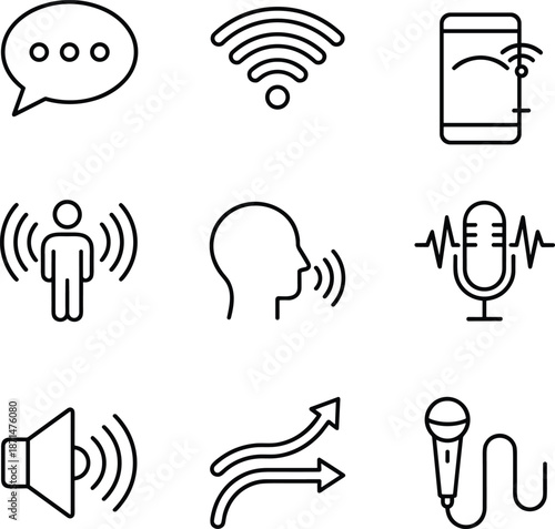 Communication and audio technology icons grid, wireless connectivity speech sound microphone speaker illustration, modern telecom concept, flat vector artwork