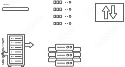 Data server management icons set, database upload download cluster infrastructure illustration, IT network operations concept, flat vector artwork