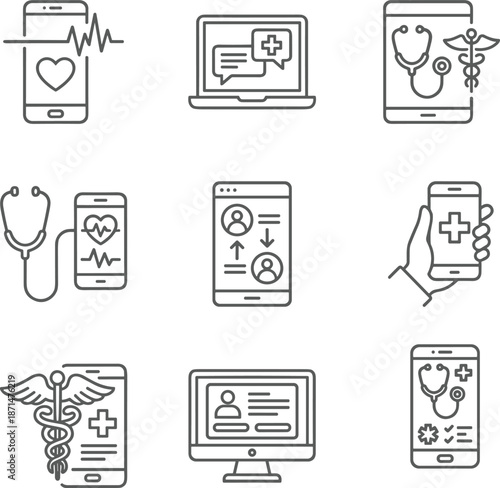 Digital healthcare icons, telemedicine, mobile health, remote monitoring, online consultation, medical apps, technology in care, flat vector illustration