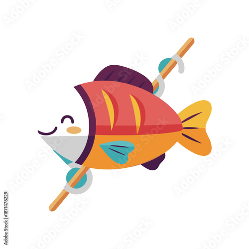 Colorful cartoon fish character being caught on a fishing rod, set against a plain background
