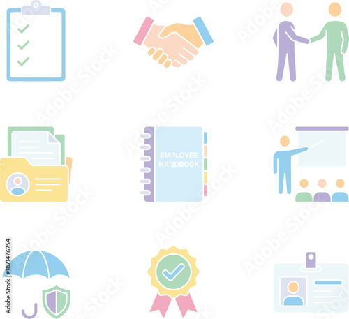 Employee onboarding icons, checklist, agreement, handbook, training, benefits, documentation, ID badge, workplace procedures, flat vector illustration