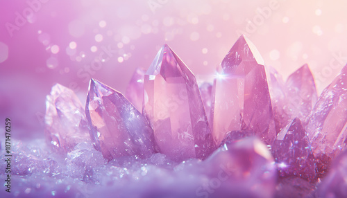 Cluster of pink quartz crystals, sharp facets catch light, shimmering with iridescent glow. Small delicate crystals surround larger