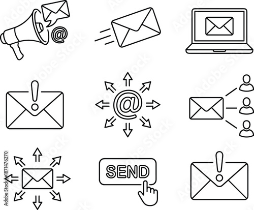 Email communication icons, marketing, broadcasting, urgent messages, sending mail, digital outreach, laptop interface, flat vector illustration