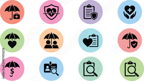 Health insurance icons, medical care, protection, documentation, ID verification, coverage, wellness, support, pastel circles, flat vector illustration