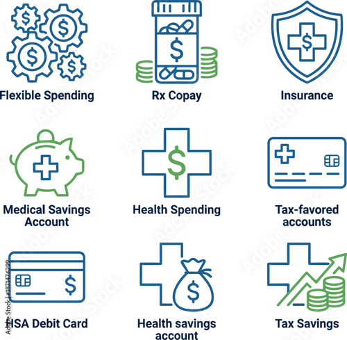 Healthcare finance icons, flexible spending, Rx copay, insurance, HSA, tax savings, medical accounts, flat vector illustration