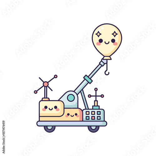 Colorful toy machine with smiling faces lifting a balloon against a white background