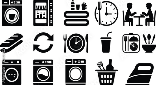 Comprehensive set of solid black silhouettes for home services and dining featuring washing machines, ironing, mealtime symbols, and food storage.