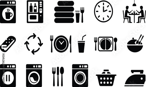 Comprehensive set of solid black silhouettes for hospitality and home services featuring washing machines, vending machines, laundry baskets, irons, and restaurant dining symbols.