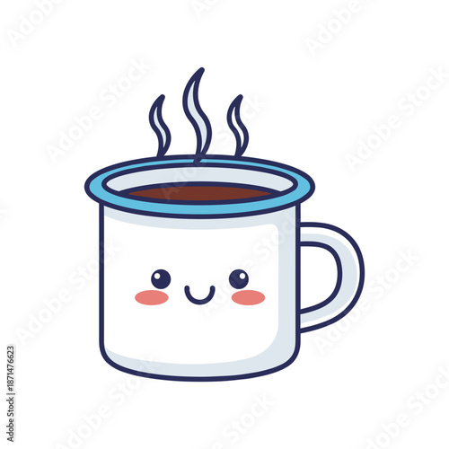 Cute cartoon coffee cup with steam, smiling face, on a plain background, perfect for cozy themes