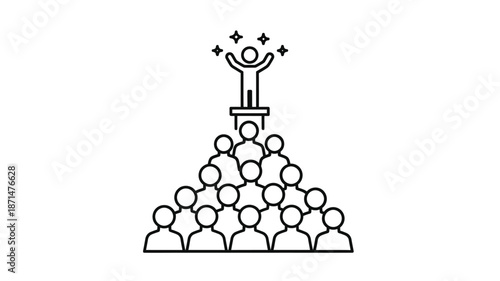 A person stands triumphantly atop a human pyramid celebrating success with arms raised