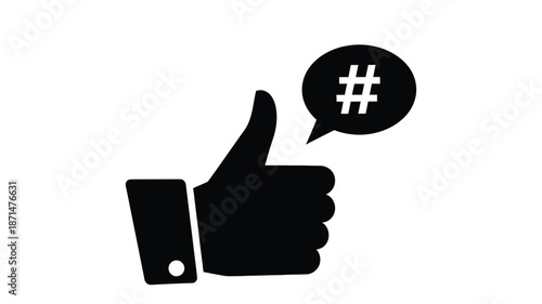 A black thumbs up icon with a hashtag symbol inside a speech bubble